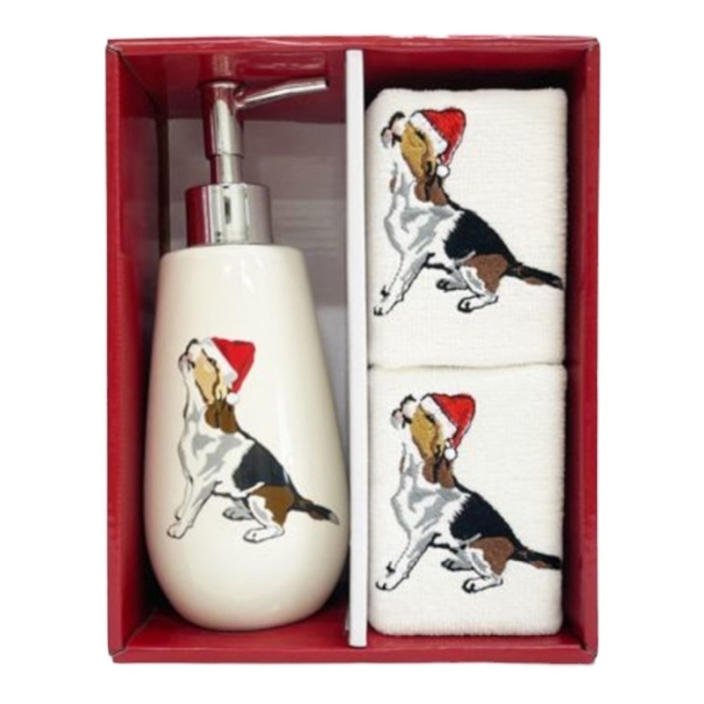 Avanti Happy Howliday Beagle Ivory Embroidered Towel & Lotion Pump 3 PC Set NWT